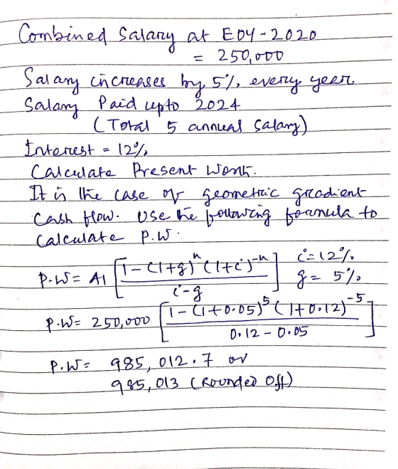 Combined Salary at Eoy-2020 = 250,000 Salary increases by 5% every year. Salary Paid upto 2024 . (Total 5 anneal salary) Inte