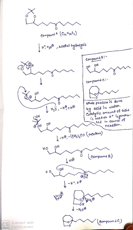 Compound A (C) acetal dragais Compound B:- он он compoumd hole phocess is done b acid in waten. Catalytic omount of aeid is u