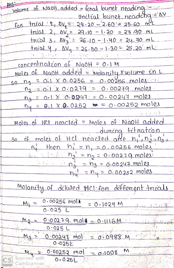 Ans volume...of. Naoluadded = final buret reading Onctial buret necdcha=2V for_trial .., DV = 28:20 -2.60 = 25:60 mil frcial
