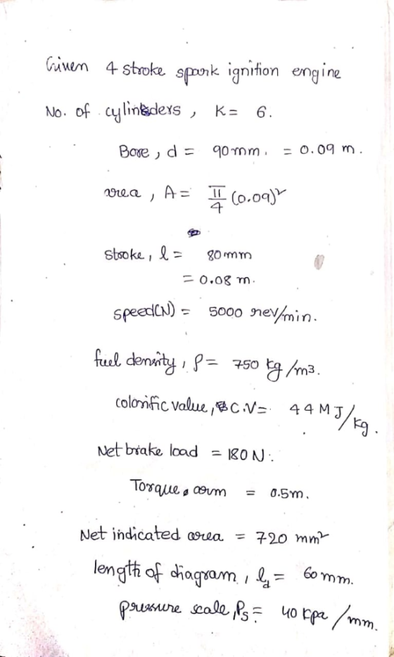 Cünen 4 stroke spark ignition engine No. of cylinders, k 6. Bore, d = 90 mm = 0.09 m vrea , A= (0.09) Stooke, l = 80mm = 0.08