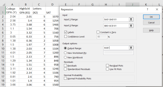 D F G H I J K L E Regression Input ок 6 Input Y Range: $A$1:$A$101 Cancel Input X Range: $B$1:$C$101 5 6 Help 5 SAT 1070 1254