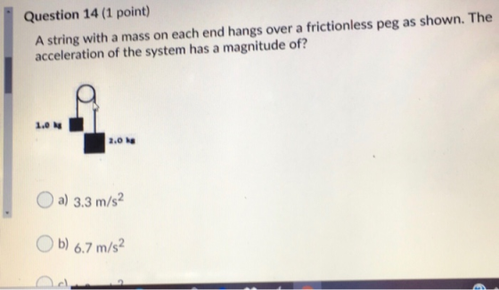 Question 14 (1 point) A string with a mass on each end hangs over a frictionless peg as shown. The acceleration of the system
