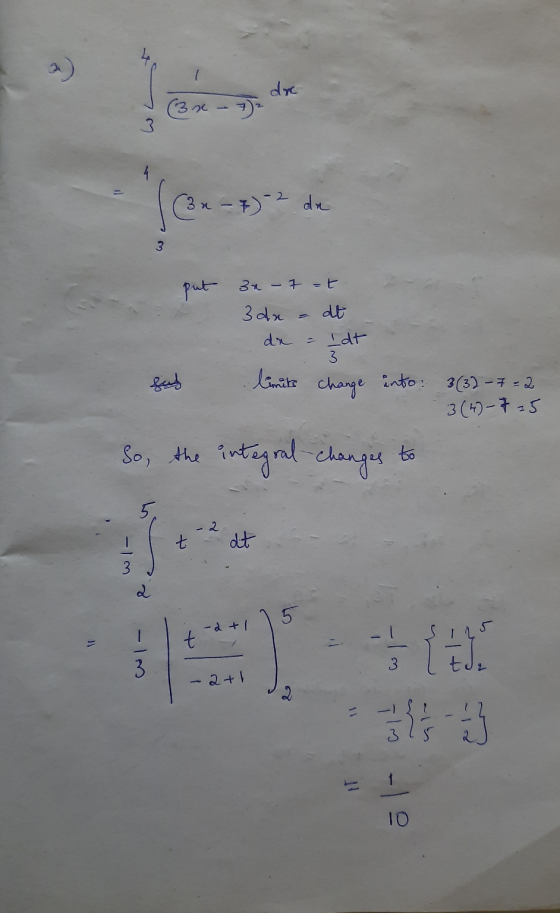dre (3 74 - 7 3a -I-2 dn 3 put 3x - 7-t dt 3 da de = Idt bir change into: 3(32-7 = 2 3 (4) -7 25 So, the integral changes to