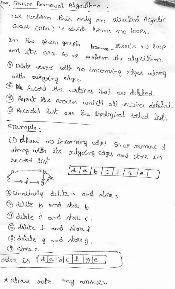 Ans, Source Removal Algorithm we perform this only on Directed Acyclic Graph (DAG) ie which forms no loops. ng theres no loo