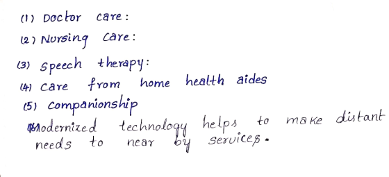 (1) Doctor care : 127 Nursing Care: (3) Speech therapy: (41 care from home health aides (5) companionship modernized technolo