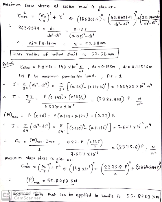 maximum shear stress at sec hom mom is gren as 2 2 man 2 ()+7 (186306-7)= ( 48.3831 do do-di 210.1762 do do-di 863.8377