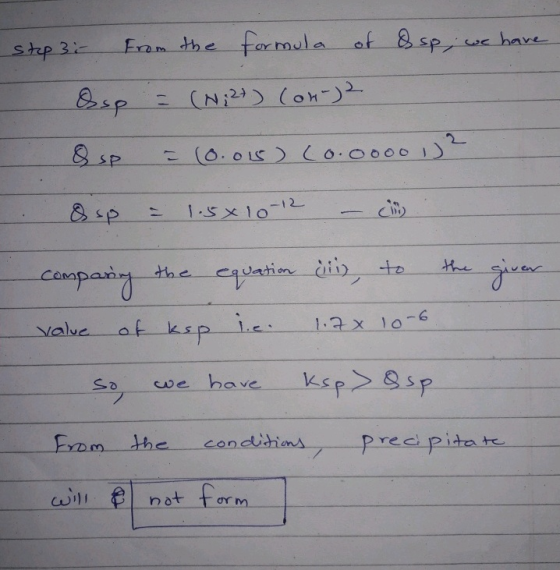Step 3: From the formula of asp, we have Esp = (N; 2) (04-) 2 - & up = (0.016) (0.0000 2 O sp = 1.5x10-12 – co the Comparing
