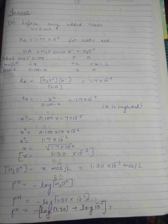 Answer (a) befor any v=ome so added. Nach Ka = 1.75 x 105 for acetic aid. HA + H2O - Intial moh. Il 0.100 c mol/l = 2 x moell