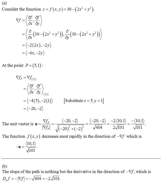 Consider the fiunction z -f (x, y)-30-(2r2) of of Vf = (-2 (2x),-21) -4x,-2t At the point P = (51) of of =(-4(5),-2(1)〉 [Subs
