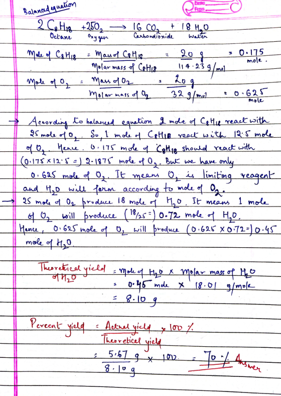 Balanced equation 2 Celje +250,- 16 CO. + 18 H2O Octane Oxygen - Carbondioxide water mole of Cahil Maws of Collie = 204 30.17