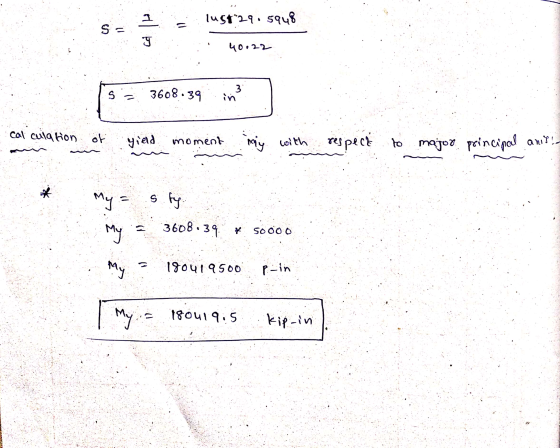 1 lust*29. 5948 Sa प 40.22 3 Us 3608.39 in cal culation of yield moment my with with respect to major principal anti- s fy. M