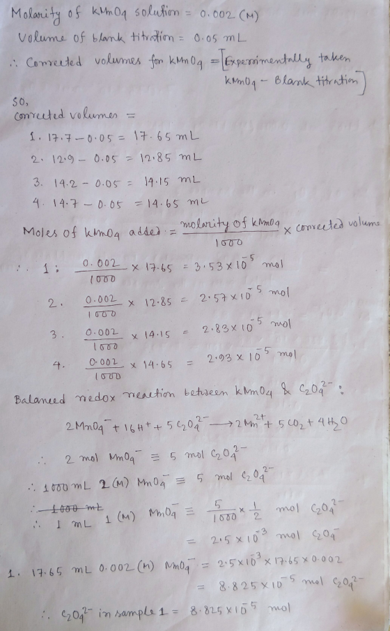 Molarity of kim Oq solution = 0.002 (M) volume of blank titration = 0.05 mL Connected volumes for kMn Og = Experimentally tak