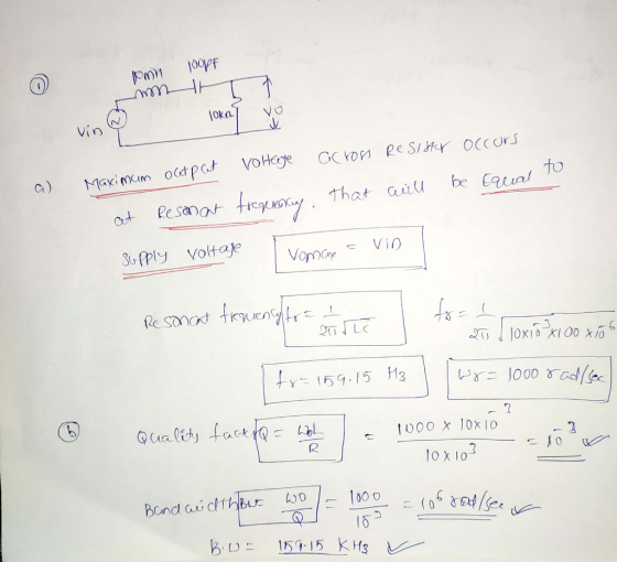 100PF IPMH man T loka vo vin Voltage across resister occurs to a ) Maximum olutpat be Equal Resonat tregerency. fregenky. Tha