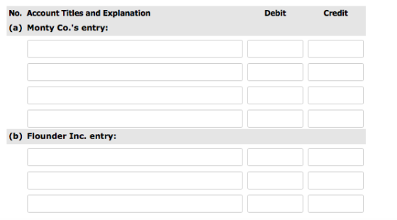 Debit Credit No. Account Titles and Explanation (a) Monty Co.s entry: (b) Flounder Inc. entry: