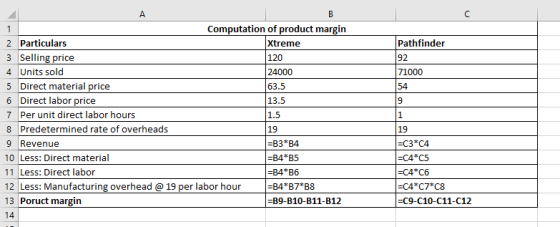 Xtreme Pathfinder 92 71000 Computation of product margin 2 Particulars 3 Selling price 120 4 Units sold 24000 5 Direct materi