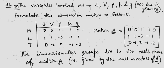 } 26 (2) The variables involved are d, V, 3, h&g (acc. due to gravity). Formulate the dimension matrin as, follows: ... 1 d