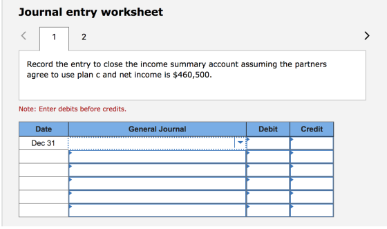 Journal entry worksheet 2 Record the entry to close the income summary account assuming the partners agree to use plan c and