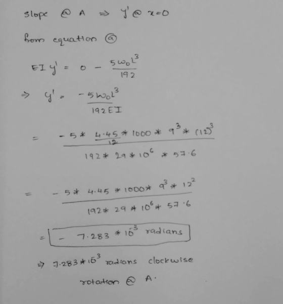 slope @ A » J@x=0 from equation @ Ely = 5 ok? 192 go - snool 192EI - 5* 4:45* 1000* 93* (1273 192*29* 100 *57.6 5*4.45 * 1