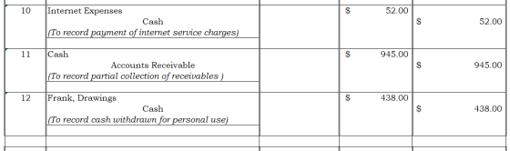 10 $ 52.00 Internet Expenses Cash (To record payment of internet service charges) $ 52.00 11 $ 945.00 Cash Accounts Receivabl