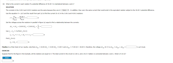 (b) What is the current in each resistor if a potential difference of 36.00 v is maintained between a and c? SOLUTION The cur