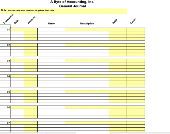 A Byte of Accounting, Inc. General Journal Note: You can only enter data into the yellow filled cells. Transaction Date Accou