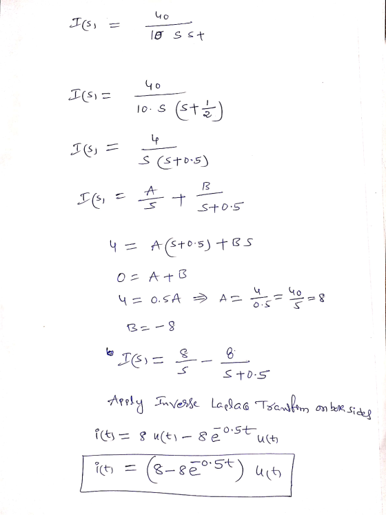 40 I(S) = lo sst yo ICSE 10S (545) 16) = S(Stos) B 161 = ☆ + Sto 4 = A(s+0.5) TBS O=A+B 4= 0.5A Achats Y = 8 B=-8 * Isi= 85