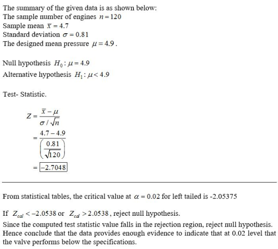 The summary of the given data is as shown below: The sample number of engines n=120 Sample meanx = 4.7 Standard deviation o =