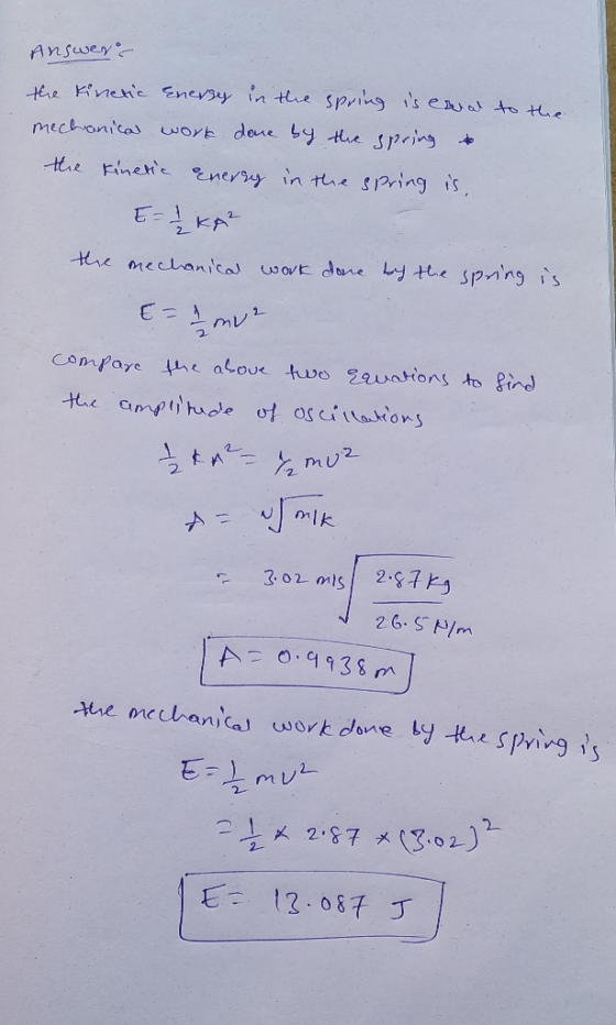 Answers the kinetic Enersy in the spring is enal to the mechanical work done by the spring & the kinetic enersy in the spring