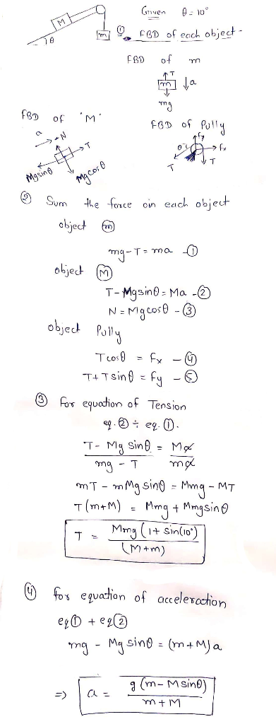 w Gowen 0 - 10° FCD of each object FRO of m FBD of M ng FBD of Pully OF Masino Ma cos 0 e force oin each object Sum the obj