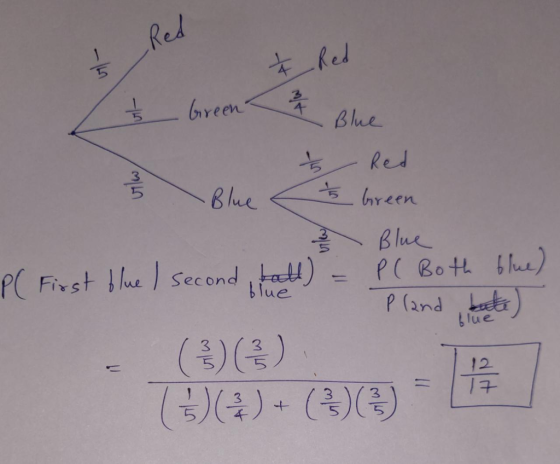 I Red ² Red ut & 3 Ź GreenÅ Blue Red 3 Blue Green Blue P( First blue / second, taht) = P( Both blue) Pland bute) () ) (3)() +