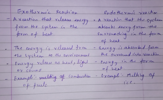 Exothermic reaction A reaction that releases energy from the system in the form of heat. Endothermic reaction - A reaction th