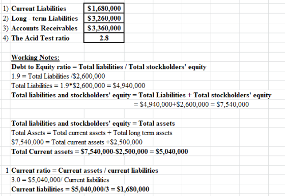 1) Current Liabilities 2) Long-term Liabilities 3) Accounts Receivables 4) The Acid Test ratio $ 1,680,000 $3,260,000 $3,360,