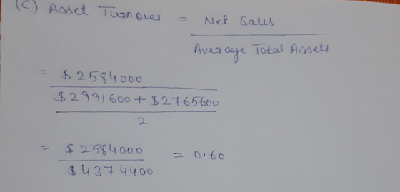(c) Asset Turnover - Net sales Average Total Assets = $2584000 $2991600 + $2765600 - $2584000 $ 437 4400 = 0.60