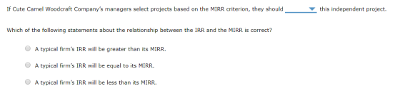 If Cute Camel Woodcraft Companys managers select projects based on the MIRR criterion, they should this independent project.