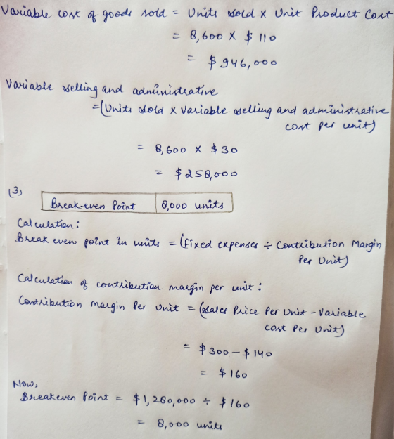 Variable cost of goods sold = Units sold & Unit Product Cost = 8,600 x $110 = $ 946,000 Variable selling and administrative =