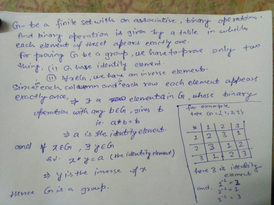 Go be a finite set with an associative, binary operation. And binary operation is given by a table in whicho each element of