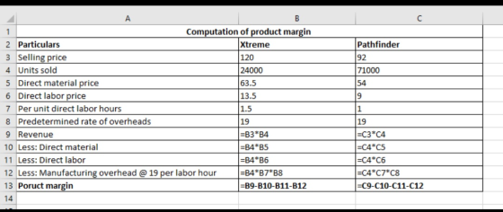 Pathfinder 92 71000 54 9 А Computation of product margin 2 Particulars Xtreme 3 Selling price 120 4 Units sold 24000 5 Direct