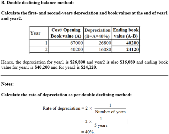 B. Double declining balance method: Calculate the first- and second-years depreciation and book values at the end of yearl an