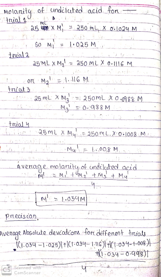 ..molarity of undiluted acid for — trial 10 All W 25 17 x M = 250 mL X0-1024 M ml SO Mi = 1.025 M., trical 2 25ML X M2 = 250