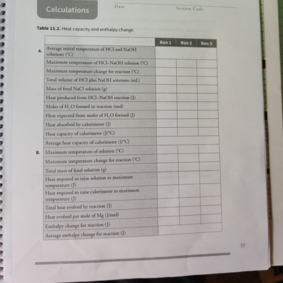 Date Section Code Calculations Table 11.2. Heat capacity and enthalpy change. Run 1 Run 2 Run 3 Average initial temperature o