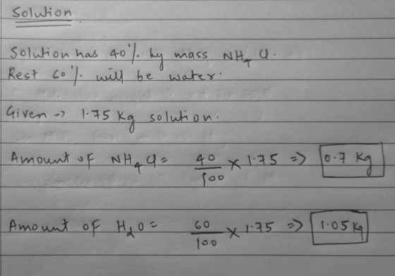 Solution Solution has 40 Rest Co wil he wateY NHT mass Given -7 1-35 Ka soluh on Amount of NHe Amount of H0 IO5 60 100