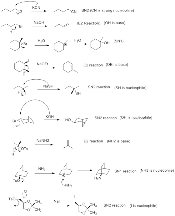 кCN SN2 (CN is strong nucleophile) CN NaOH (E2 Reaction) (OH is base) Br Н Н2о Нао (SN1) ОН NaOEt E2 reaction (OEt is base) N