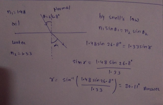 Normal nia 1:48 10=216.89 by snells law oil nisindian, sino2 A Water 1.48sin 26.8° = 1.33sing n2 =1033 sinr=1.48 sin 26.8° 1