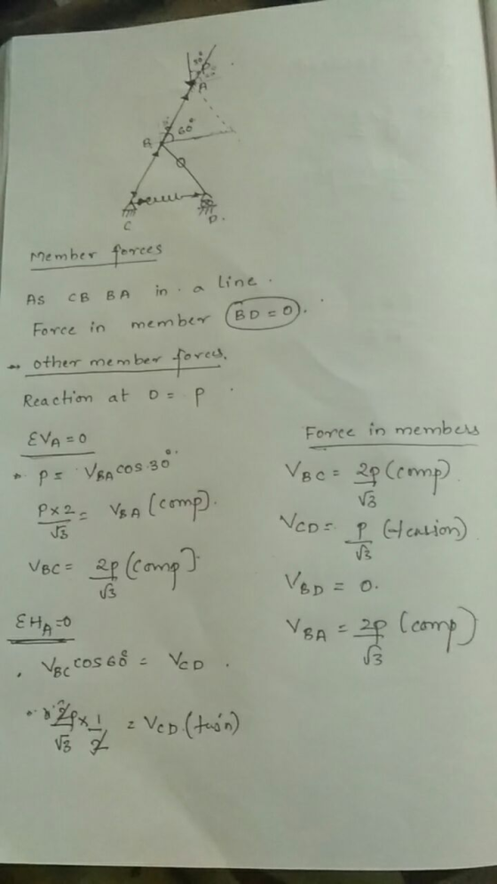 Member forces AS CB BA in a line. Force in member (60=0). - other member forces. Reaction at o p : EVA=0 Force in members P=