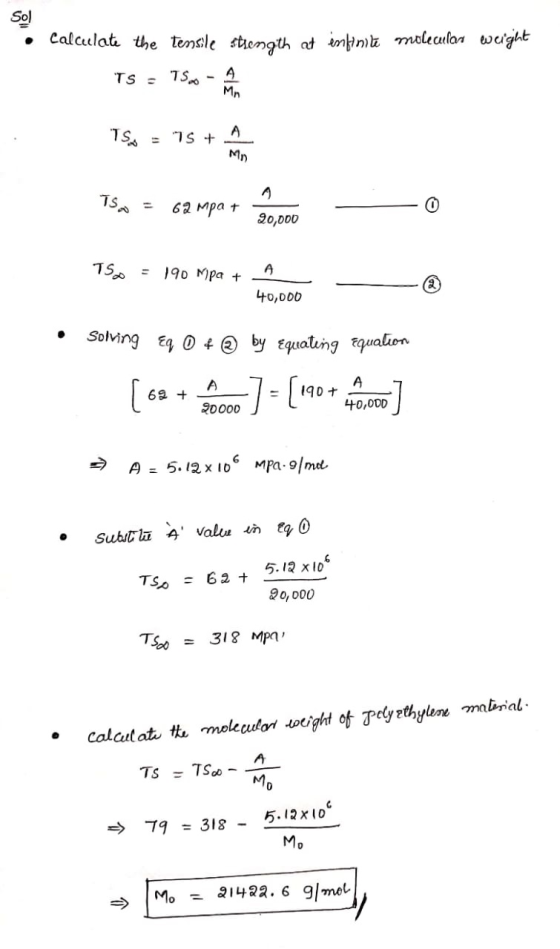 Sol • Calculate the tensile strength at infinite molecular weight TS = 75.- 19, = 15 + Isn = 62 mpate no O T5o = 190 Mpa + A