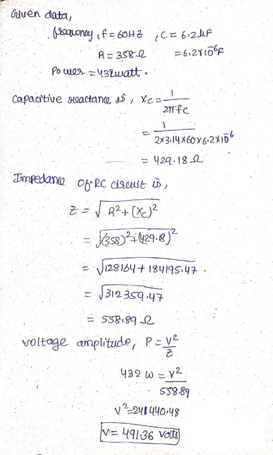 Given data, Gregvonce cf = 60H3 A23582 Power zub2watt. Ce bizde =612x106R capacitive reactance des Xce- Tfc 2x3:14x6046.2X166