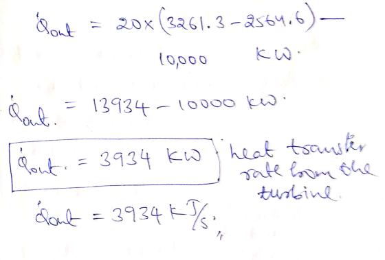 Sout 20x(3261.3 -2564.6) - 10,000 Pout. = 13934-10000 kw Hint. = 3934 Kw heat trusten rate bom the turbine Sout = 3934k% ir
