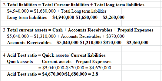 2 Total liabilities = Total Current liabilities + Total long term liabilities $4,940,000 = $1,680,000+ Total Long term liabil
