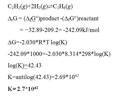 C2H2(g)+2H2(g)RC2Hs(g) AG (AG)product-(AfGo )reactant 32.89-209.2-242.09kJ/mol AG -2.030*R T log(K) -242.09 1000--2.030*8.314