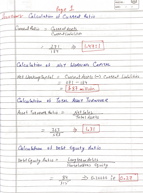 PAGE NO.: Les DATE: 1 SOLUTION : Page 1 Calculation of urrent Ratio e Current Ratio = Current Assets Current Liabilities 1.47